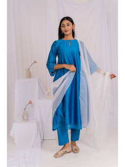 Mushio - Blue Chanderi Floral Lace Anarkali Kurta with Pant & Dupatta