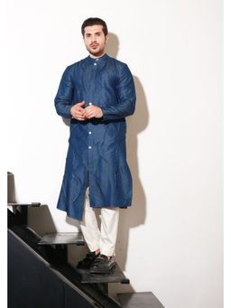 Echke - Blue Denim Stitch Detail Long Kurta with Pant