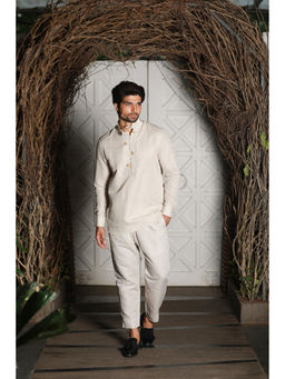 Echke - Beige Linen Short Kurta with Pant