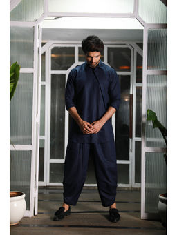 Echke - Navy Blue Linen Double Collared Kurta with Dhoti Pant