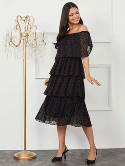 Styli - Black Short Sleeves Off Shoulder Floral Print A-line Midi Dress