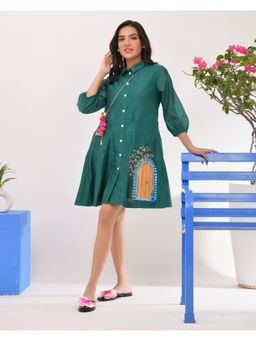 WE'AVE BY SHUBHKARI - Women's Green Chanderi Graphic Dress