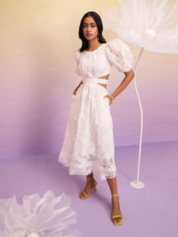 RSVP by Nykaa Fashion - White Floral Embroidery Puff Sleeves Midi Dress