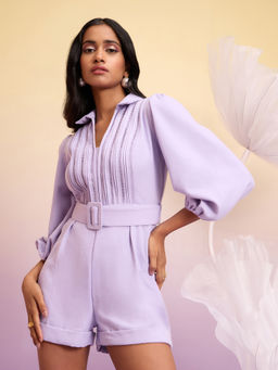 RSVP by Nykaa Fashion - Lilac Solid Flat Collar Bishop Sleeves Linen Playsuit (Set of 2)