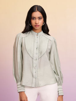 RSVP by Nykaa Fashion - Green Pleated Lace Trimmed Mandarin Collar Shirt