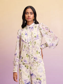RSVP by Nykaa Fashion - Cream And Lilac Floral Print Pleated Mandarin Collar Shirt