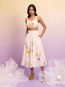 RSVP by Nykaa Fashion - Off White Floral Print Crop Top Flared Midi Skirt Co-Ord (Set of 2)