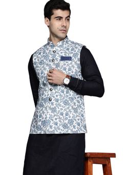 Manyavar - White Viscose Blend Festive All Over Weave Nehru Jacket