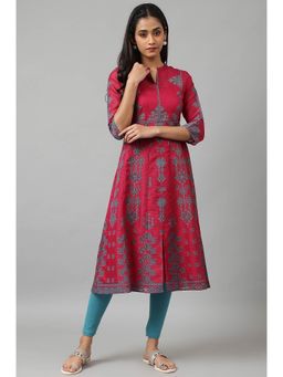 W - Dark Pink Embellished Flared Kota Kurta with Inner and Blue Leggings