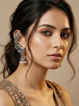 LUCKY JEWELLERY - Oxidised Silver Peacock Ear Cuff Jhumka with Pearl Drop