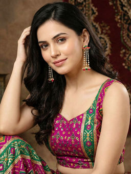 LUCKY JEWELLERY - Gold Plated Enamel Bird Long Earrings with Moti Drop and Magenta Green Beads