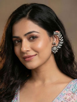 LUCKY JEWELLERY - Oxidised Silver Leaf Floral Ear Cuff with Ghungroo Chain Drop
