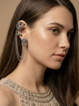 LUCKY JEWELLERY - Oxidised Silver Tribal Dancer Ear Cuff with Ghungroo Chain