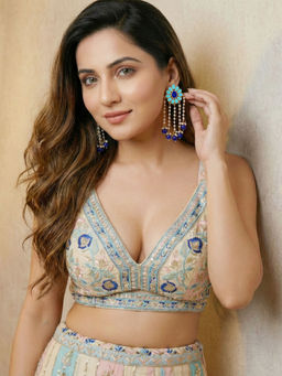 LUCKY JEWELLERY - Gold Plated Enamel Floral Long Earrings with Moti Layers and Blue Beads