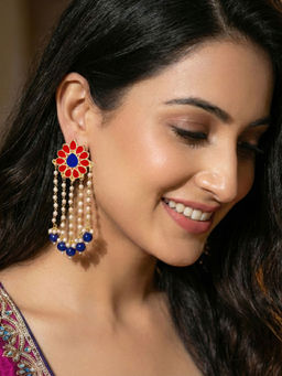 LUCKY JEWELLERY - Gold Plated Magenta Enamel Floral Long Earrings with Moti Layers and Blue Beads