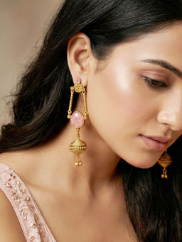 LUCKY JEWELLERY - Oxidised Gold Pink Stone Long Dangler Earrings