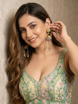 LUCKY JEWELLERY - Antique Gold Finish Kashmiri Jhumka Earrings with Long Chain Tassels Green