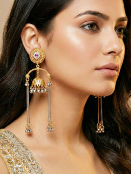 LUCKY JEWELLERY - Antique Gold Finish Kashmiri Jhumka Earrings with Long Chain Tassels Pink