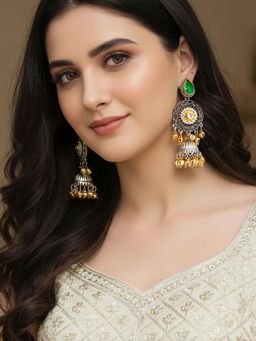 LUCKY JEWELLERY - Dual-Tone Oxidised Silver Jhumka Earrings with Green Stone and Golden Ghungroo
