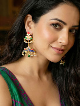 LUCKY JEWELLERY - Gold Plated Enamel Peacock Multicolour Earrings with Green Beads