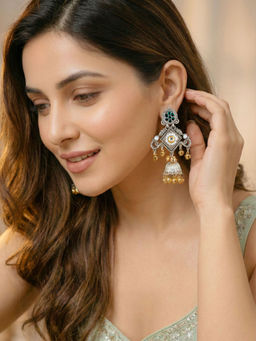 LUCKY JEWELLERY - Traditional Dual-Tone Oxidized Silver Kashmiri Jhumkas With Green Stone & Ghungroos