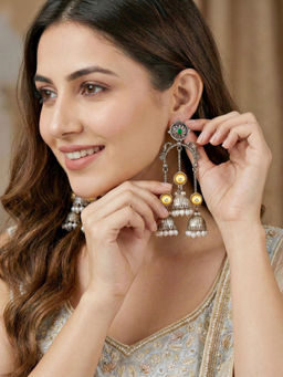 LUCKY JEWELLERY - Oxidised Silver & Gold Triple Jhumkas With Stone & White Moti - Kashmiri Earrings