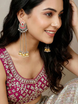 LUCKY JEWELLERY - Oxidized Silver Kashmiri Chandbali Earrings With Triple Jhumka And Ghungroo