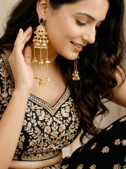 LUCKY JEWELLERY - Kashmiri Earrings With Black Stone, Triple Jhumka And Long Ghungroo Chains