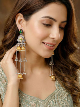 LUCKY JEWELLERY - Oxidized Silver Kashmiri Earrings With Green Stone Triple Jhumka & Ghungroo Chains
