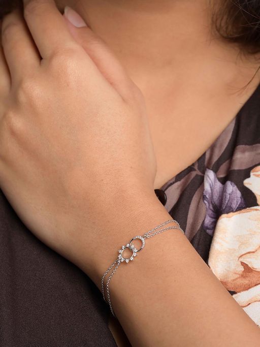 CLARA 925 Silver Platinum Plated Sun And Moon Double Chain Bracelet Women
