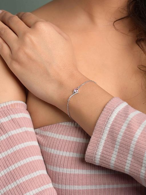 CLARA 925 Silver Platinum Plated Pink Solitaire Bracelet Women