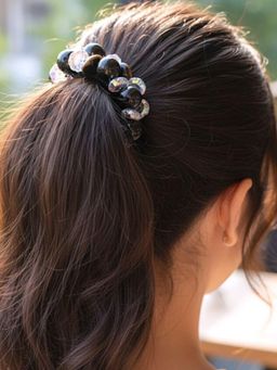 Accessher - Black Beaded Stretchable Scrunchie With Glossy Stones Strong Hold (Pack Of 4)