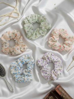 Accessher - Floral Soft Fabric Scrunchies Stretchy Gentle Non-Slip Hair Ties (Pack Of 5)