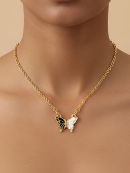 ToniQ - Golden Black And White Butterfly Wings Pendant Necklace