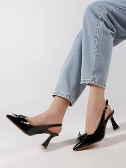 CHINRAAG - Women’s Glossy Black Pointed-Toe Bow Detail Slingback Sandal Heels