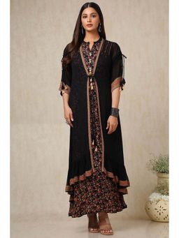 Soch - Women's Black Georgette Floral Print Sequins Dress with Jacket (Set of 2)