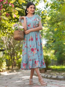 Janasya - Women's Light Blue Georgette Floral Printed Tiered Dress
