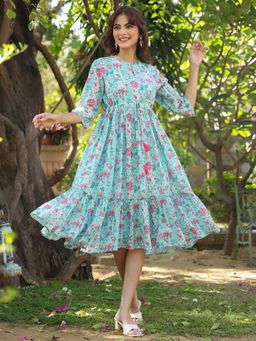 Janasya - Women's Turquoise Georgette Floral Printed Tiered Dress