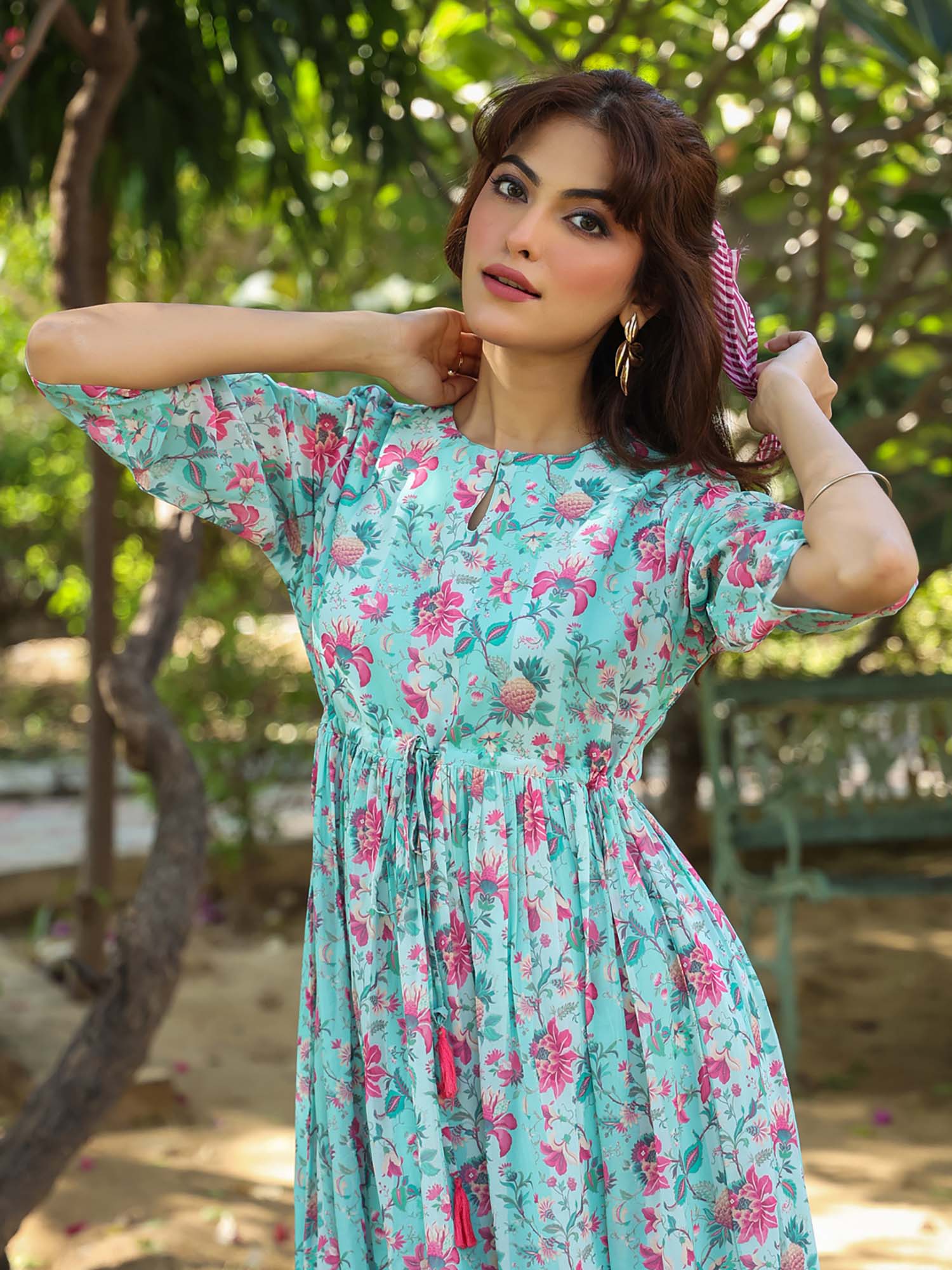 Buy Janasya Women's Turquoise Georgette Floral Printed Tiered
