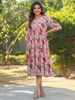 Janasya - Women's Pink Georgette Floral Printed Fit and Flare Dress