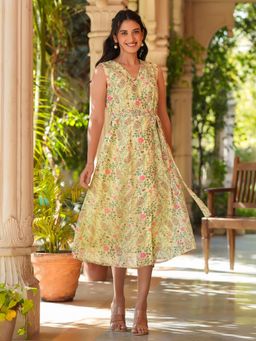 Janasya - Women's Green Georgette Floral Printed A-Line Dress