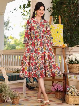 Janasya - Women's Multicolour Pure Cotton Floral Printed Tiered Dress