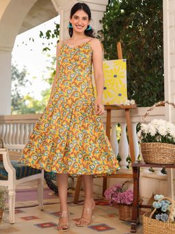 Janasya - Women's Mustard Pure Cotton Floral Printed Tiered Dress