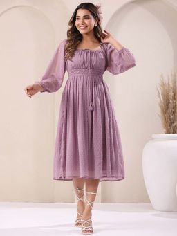 Janasya - Women's Lavender Dobby Chiffon Self Design Fit and Flare Dress