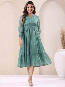 Janasya - Women's Sage Green Dobby Chiffon Self Design Fit and Flare Dress