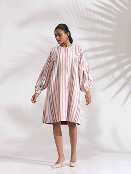 trueBrowns - Off-White Cotton Multi Stripe Short Dress