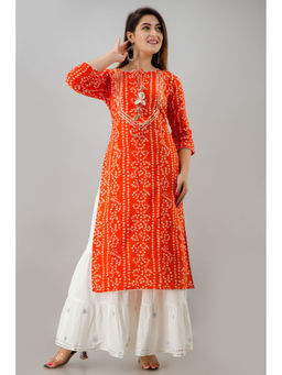SVARCHI - Womens Orange Rayon Bandhej Print Straight Kurta