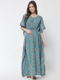 AUJJESSA - Turquoise Cotton Printed Maternity Feeding Kaftan
