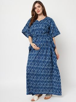AUJJESSA - Indigo Cotton Printed Maternity Feeding Kaftan