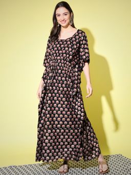 AUJJESSA - Black Gold Rayon Printed Maternity Feeding Kaftan